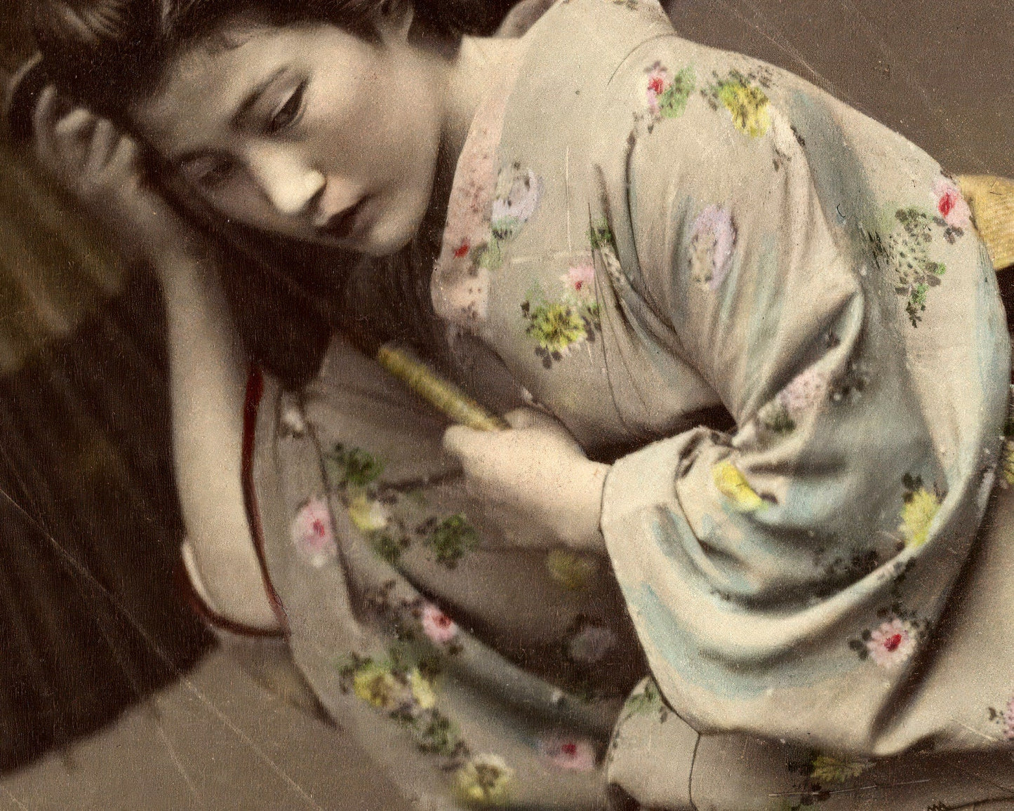 Kusakabe Kimbei "Girl in Heavy Storm" (c.1880) Vintage Hand - colored Albumen Photograph - Mabon Gallery