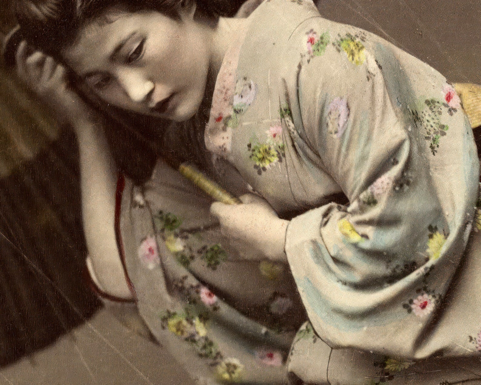 Kusakabe Kimbei "Girl in Heavy Storm" (c.1880) Vintage Hand - colored Albumen Photograph - Mabon Gallery