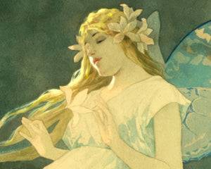 Alphonse Mucha "Elf With Iris Flowers" (c.1890) - Mabon Gallery