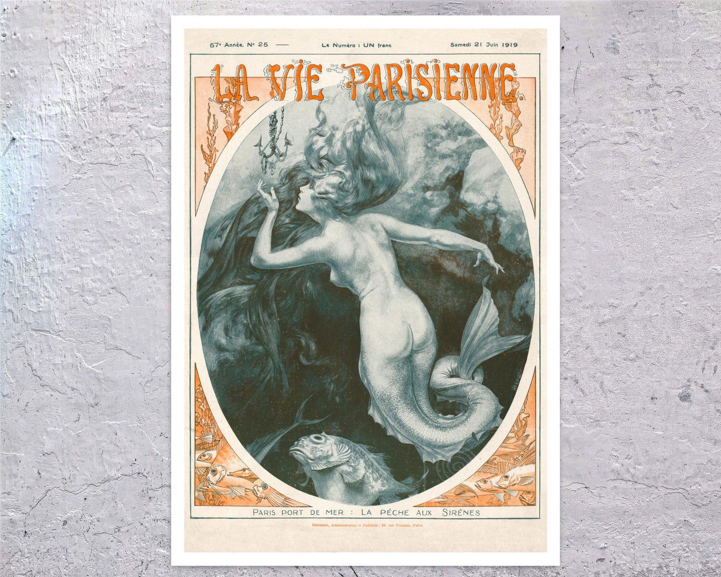 Chéri Hérouard "Mermaid Fishing, Paris Port" La Vie Parisienne Cover (c.1919) - Mabon Gallery