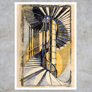 Abstract art print with geometric shapes on a textured wall.