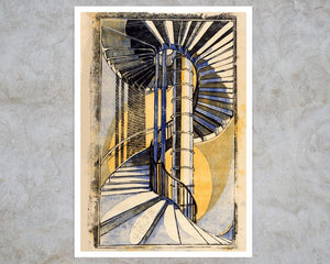 Abstract art print with geometric shapes on a textured wall.