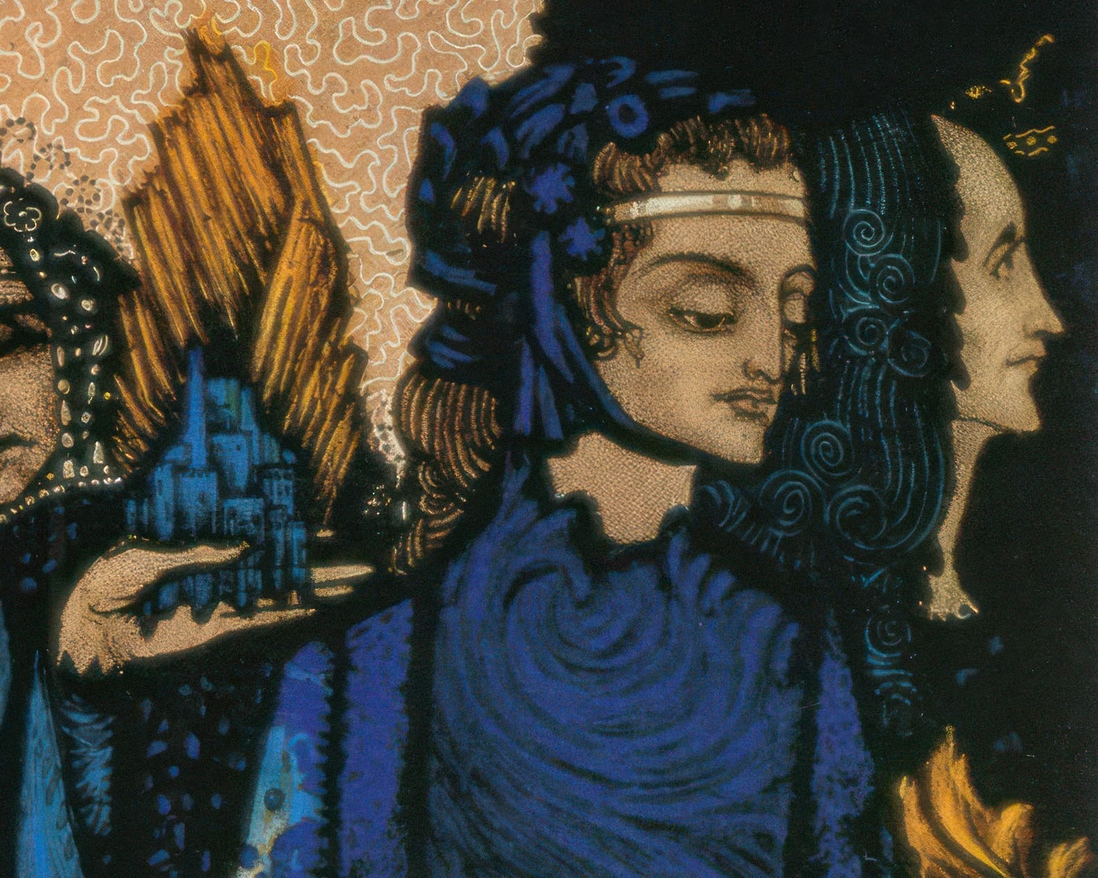 Harry Clarke "Etain, Helen, Maeve, Fand & Deirdre” (c.1917) Stained Glass Decoration for J.M Synge Poem "Queens" - Mabon Gallery