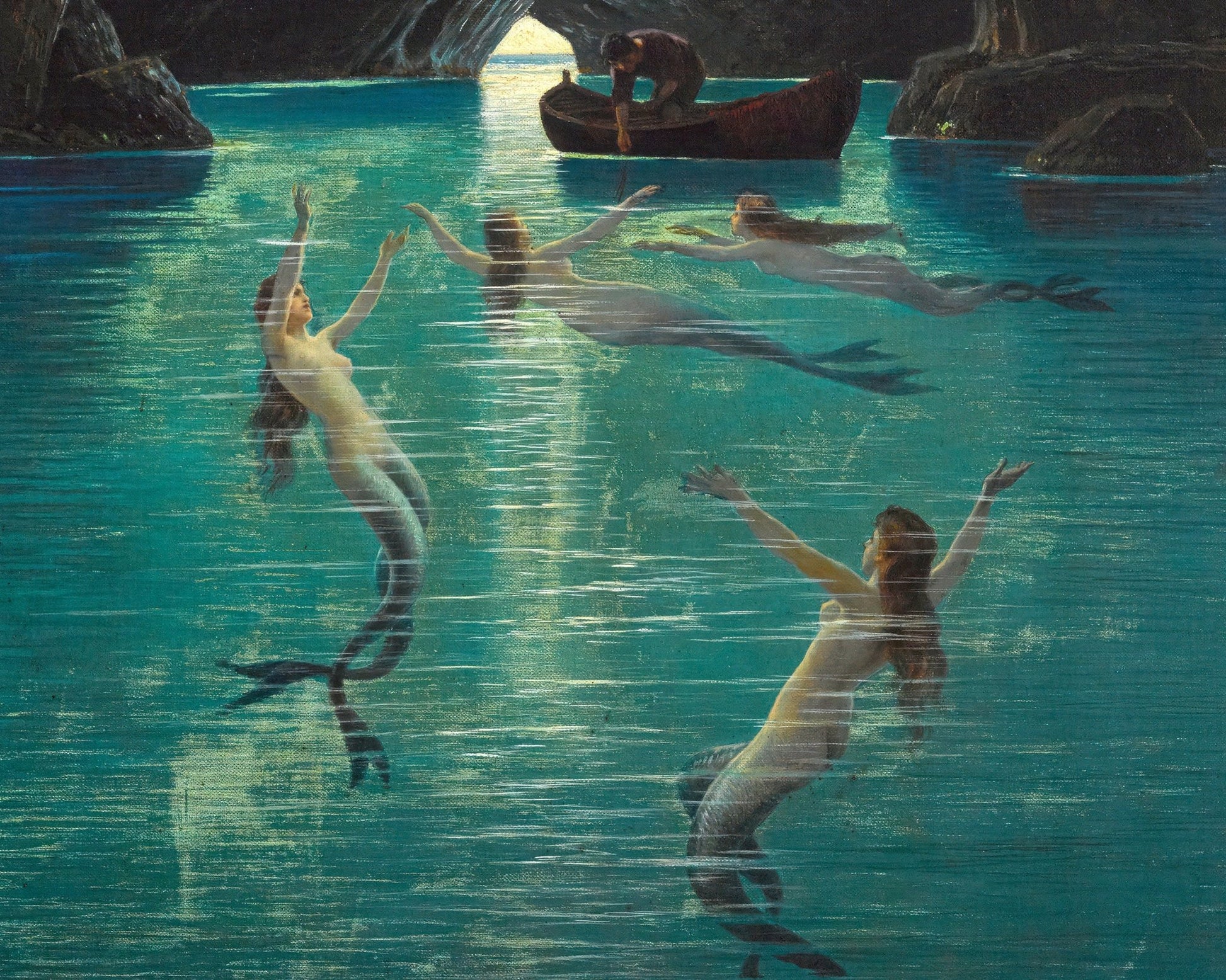 Hermann Corrodi "Fisherman and Mermaids in the Blue Grotto on Capri" (c.1880) - Mabon Gallery