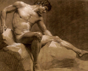 Jean Baptiste Isabey "Nude Man Sitting on a Rock" (c.1789) - Mabon Gallery