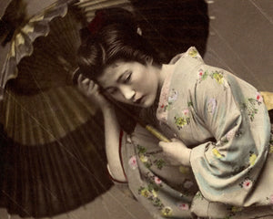 Kusakabe Kimbei "Girl in Heavy Storm" (c.1880) Vintage Hand - colored Albumen Photograph - Mabon Gallery