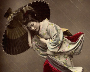 Kusakabe Kimbei "Girl in Heavy Storm" (c.1880) Vintage Hand - colored Albumen Photograph - Mabon Gallery