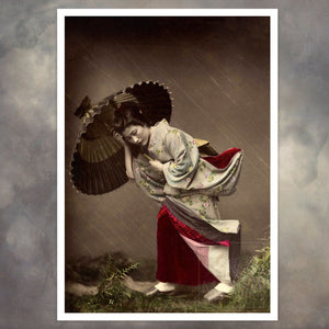 Kusakabe Kimbei "Girl in Heavy Storm" (c.1880) Vintage Hand - colored Albumen Photograph - Mabon Gallery