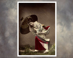 Kusakabe Kimbei "Girl in Heavy Storm" (c.1880) Vintage Hand - colored Albumen Photograph - Mabon Gallery