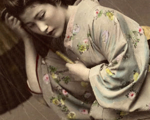 Kusakabe Kimbei "Girl in Heavy Storm" (c.1880) Vintage Hand - colored Albumen Photograph - Mabon Gallery