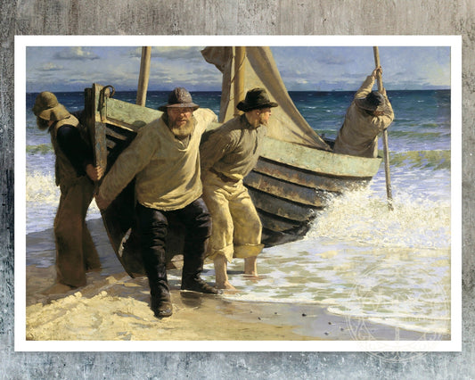 Oscar Björck "Launching the Boat. Skagen" (c.1884) - Mabon Gallery