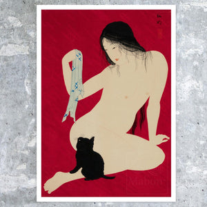 Takahashi Hiroaki (Shotei) "Nude Playing with Cat" (c.1924) - Mabon Gallery