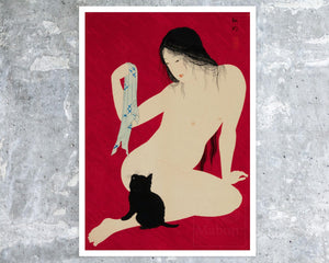 Takahashi Hiroaki (Shotei) "Nude Playing with Cat" (c.1924) - Mabon Gallery