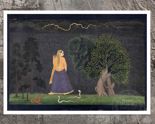 The Family of Nainsukh "Heroine Rushing to Her Lover - Abhisarika Nayika" (c.1790 - 1800) - Mabon Gallery