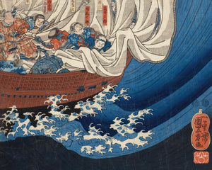 Utagawa Kuniyoshi "The Ghosts of the Taira Attack Yoshitsune in Daimotsu Bay" (Triptych: Includes 3 Prints) - Mabon Gallery