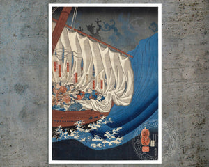 Utagawa Kuniyoshi "The Ghosts of the Taira Attack Yoshitsune in Daimotsu Bay" (Triptych: Includes 3 Prints) - Mabon Gallery