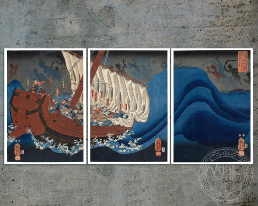 Utagawa Kuniyoshi "The Ghosts of the Taira Attack Yoshitsune in Daimotsu Bay" (Triptych: Includes 3 Prints) - Mabon Gallery