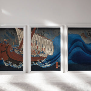 Utagawa Kuniyoshi "The Ghosts of the Taira Attack Yoshitsune in Daimotsu Bay" (Triptych: Includes 3 Prints) - Mabon Gallery