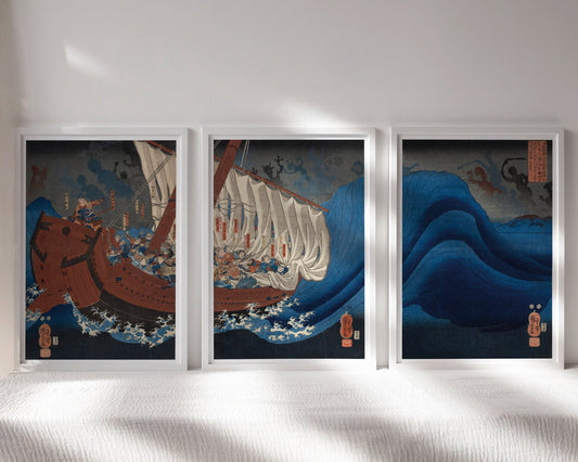 Utagawa Kuniyoshi "The Ghosts of the Taira Attack Yoshitsune in Daimotsu Bay" (Triptych: Includes 3 Prints) - Mabon Gallery