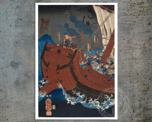 Utagawa Kuniyoshi "The Ghosts of the Taira Attack Yoshitsune in Daimotsu Bay" (Triptych: Includes 3 Prints) - Mabon Gallery