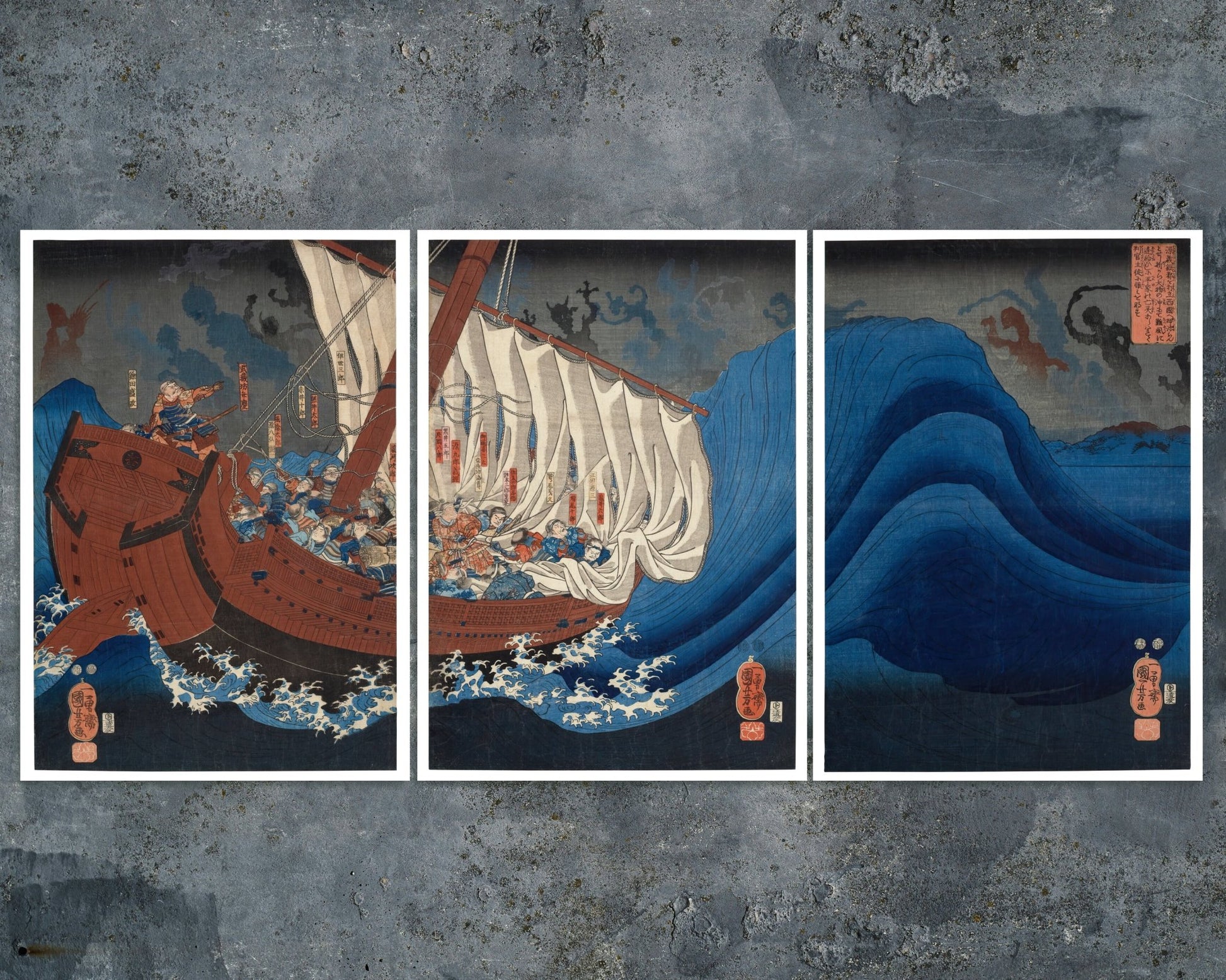 Utagawa Kuniyoshi "The Ghosts of the Taira Attack Yoshitsune in Daimotsu Bay" (Triptych: Includes 3 Prints) - Mabon Gallery