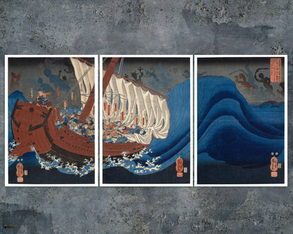 Utagawa Kuniyoshi "The Ghosts of the Taira Attack Yoshitsune in Daimotsu Bay" (Triptych: Includes 3 Prints) - Mabon Gallery