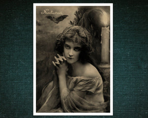Vintage Photo Postcard "Nocturnes" (c.1900) Glamourous Gothic Vamp Scene - Mabon Gallery